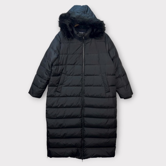 Lands End Women's Puffer Coat Goose Down Maxi Black Jacket Removable Fur Hood 1X - Picture 1 of 16